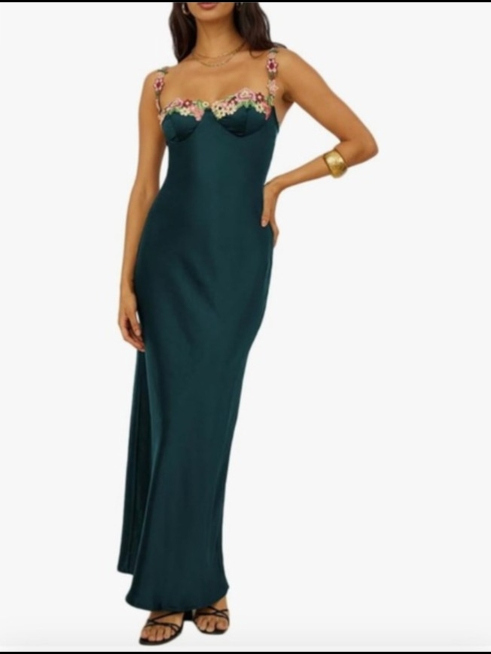 Emerald Green Floral-Trim Slip Dress